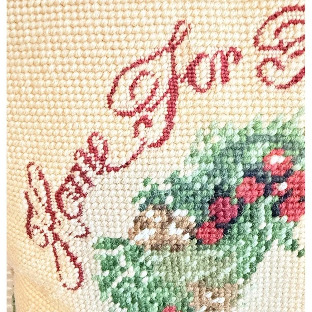 Vintage Handmade Needlepoint Christmas Pillow Home For The Holidays 13x13